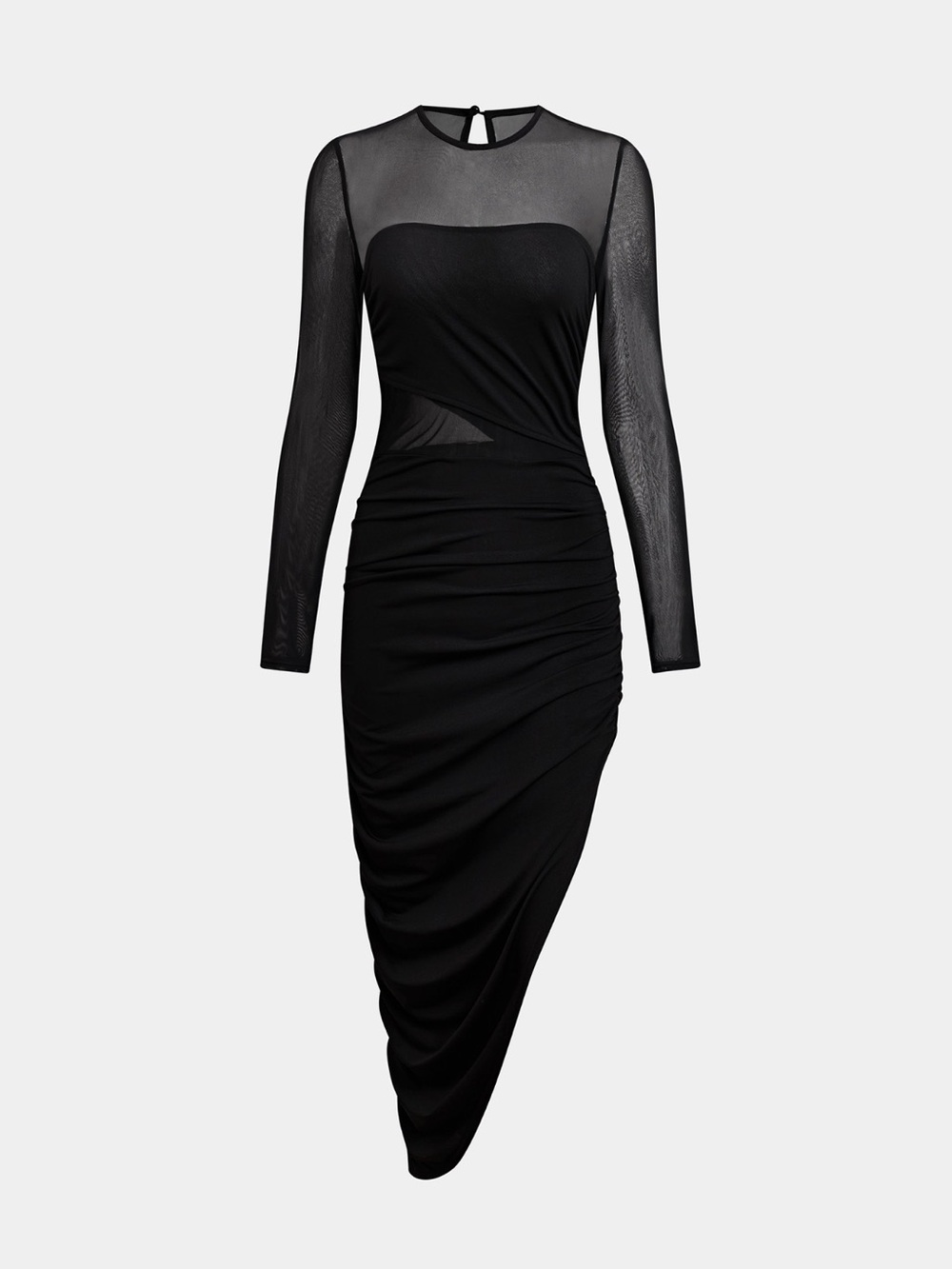 Cupshe Black Sheer-Panel Ruched Long-Sleeve Midi Dress